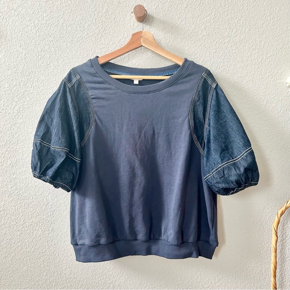 Anthropologie Pilcro Denim Sleeve Twofer Sweatshirt Size Large Dark Blue Puff - Picture 1 of 7